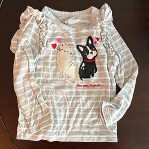 Girls' Light Gray Striped Long-Sleeve Top with Cat & Dog Appliqué
